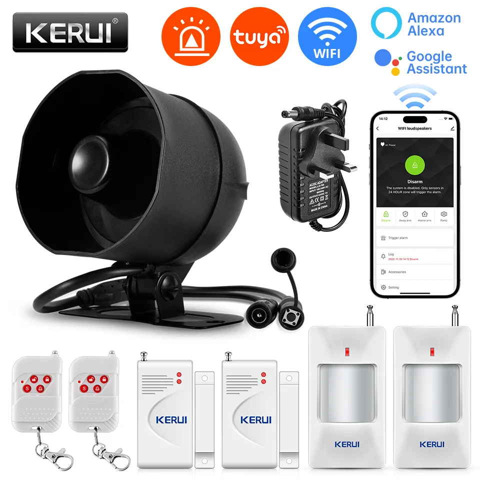KERUI 120db Tuya Smart WiFi Loudly Speaker Alarm System Burglar Siren Home Security with Door Window Sensor Motion for House security system,security alarm,wireless alarm,smart siren alarm