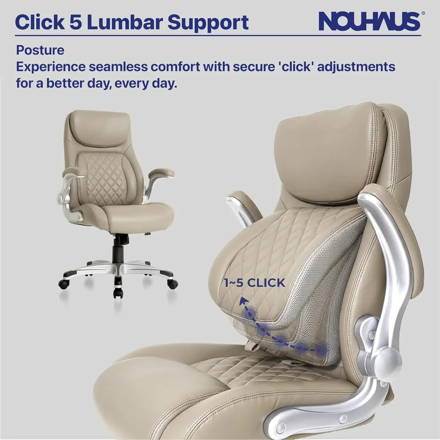 Nouhaus +Posture Ergonomic PU Leather Office Chair. Click5 Lumbar Support with FlipAdjust Armrests (Taupe)