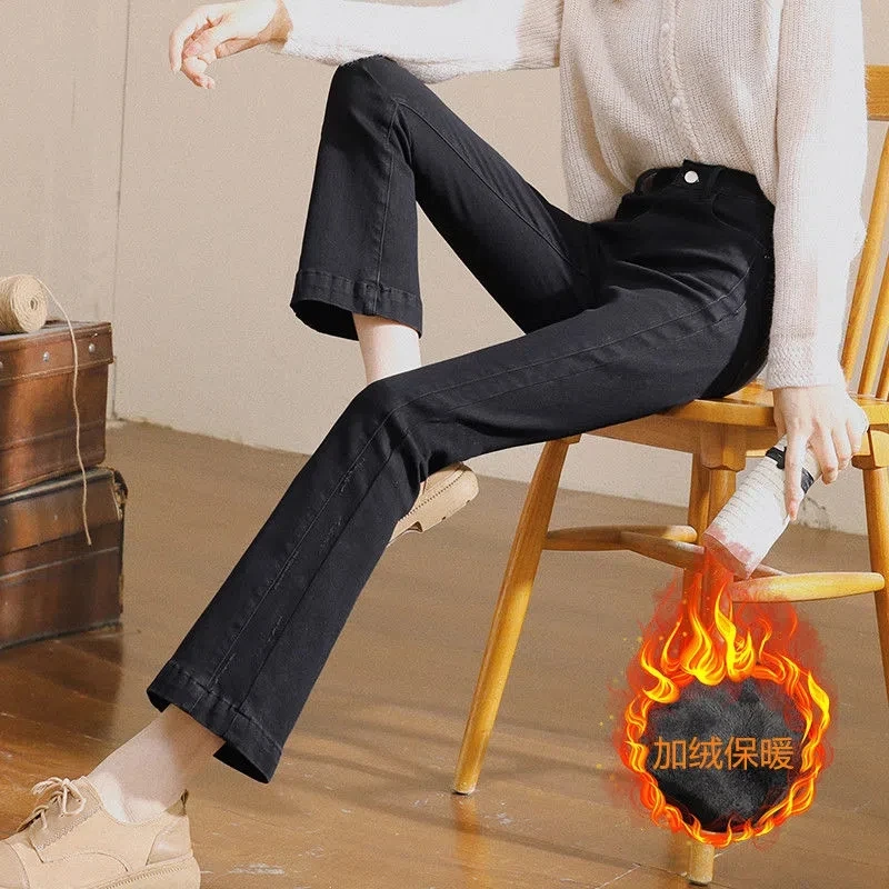 

Fashion Thick Plus Velvet Flare Jeans Slim Autumn Winter Vaqueros Women Warm Pants Korean Bleached High Waist Bell-Bottoms Pants