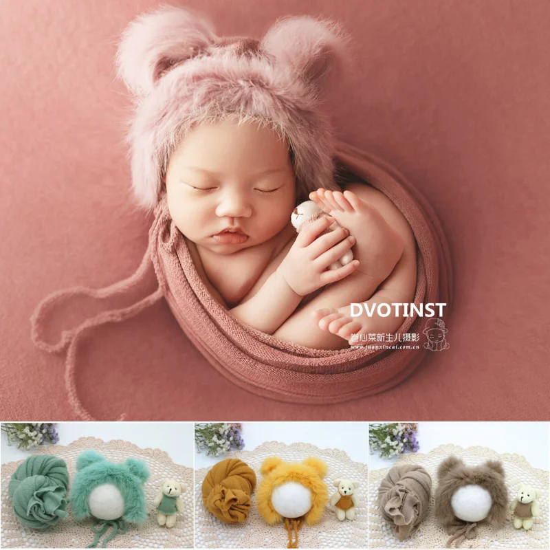 Dvotinst Newborn Baby Photography Props Cute Hairy Bonnet Bear Doll Soft Wrap 3pcs Set Fotografia Studio Shoots Photo Props