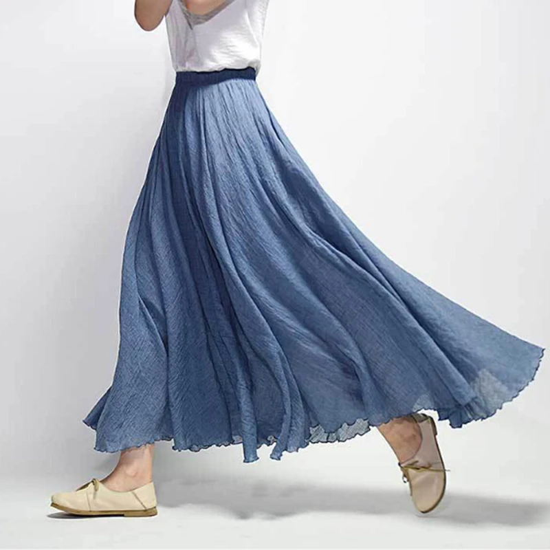 

Women Linen Cotton Long Skirts Elastic Waist Pleated Maxi Skirts Beach Boho Vintage Summer Skirts Faldas Saia 2023