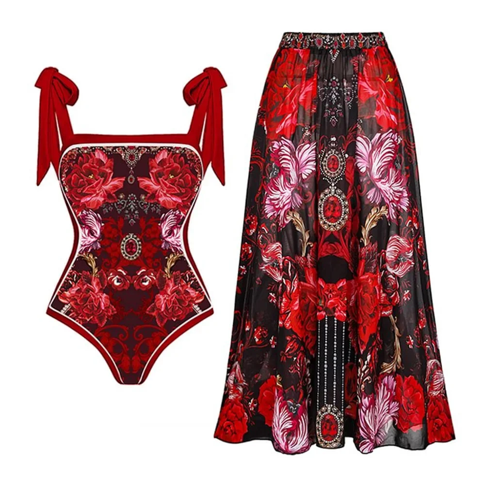 

2023 Women Swimwear 2PC Cover-up Swimsuit Ruffle Solid Printed Deep V One-piece Monokini Kimono Bikini Suit Summer Beachwear