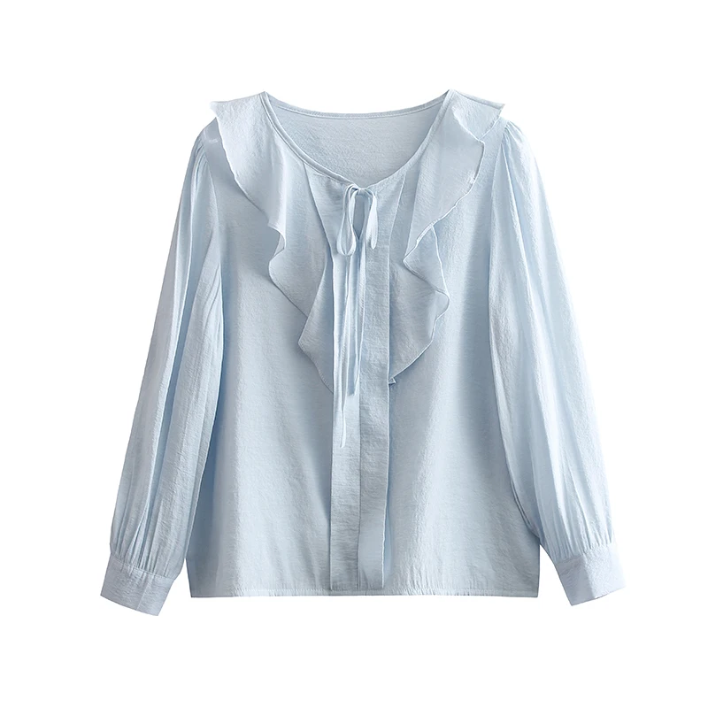 Elegant Fashion Harajuku Slim Fit Female Clothes Loose Casual All Match Tops Solid Insert Flounce Long Sleeve Chiffon Shirt