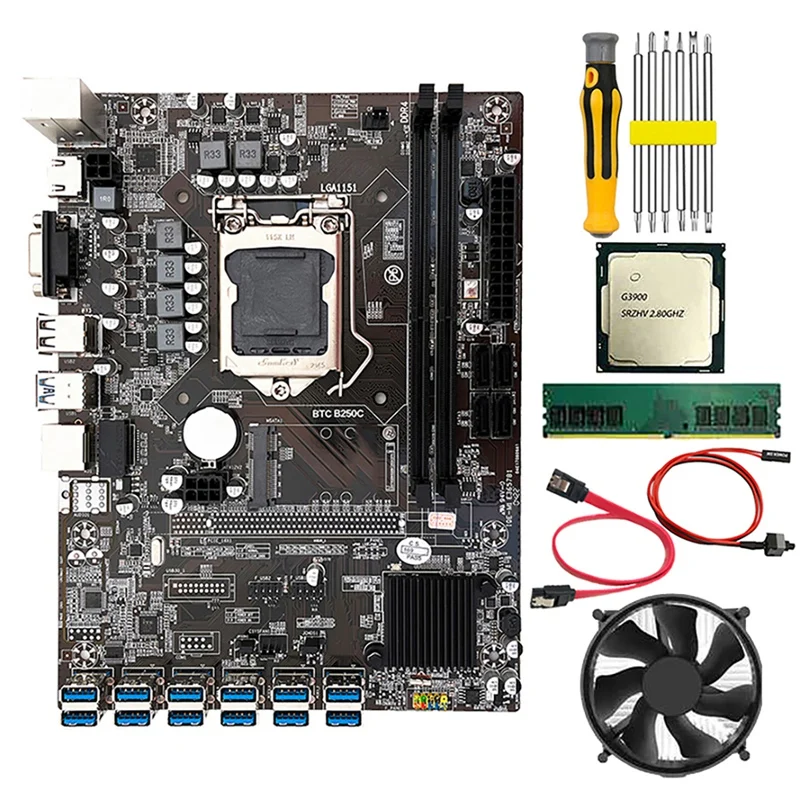 the most powerful motherboard B250C BTC Mining Motherboard With G3900 CPU+Fan+8G DDR4 RAM+Switch Cable+Screwdriver 12 USB3.0 Slots LGA1151 SATA3+MSATA motherboard pc