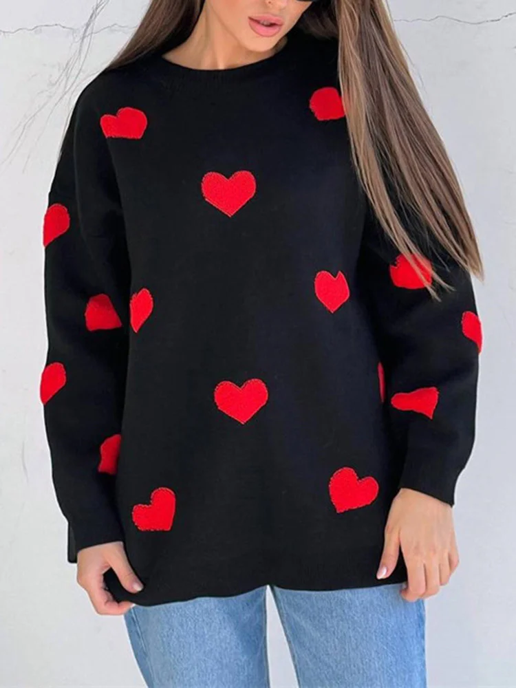 thumbnail image 1 of Suéter navideño con bordado de corazón de Streamgirl para mujer, jersey de punto grueso rosa de gran tamaño, suéteres elegantes de primavera para mujer, 1 of 5