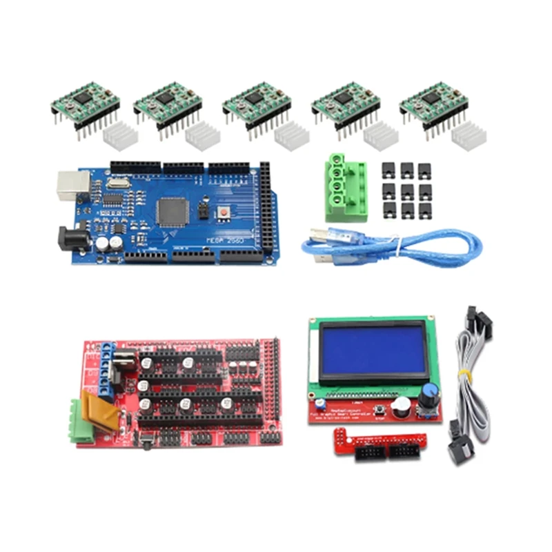 

Комплект для 3D-принтера Mega 2560 R3 + контроллер RAMPS 1,4 + модуль шагового драйвера A4988 RAMPS 1,4 2004 с ЖК-экраном