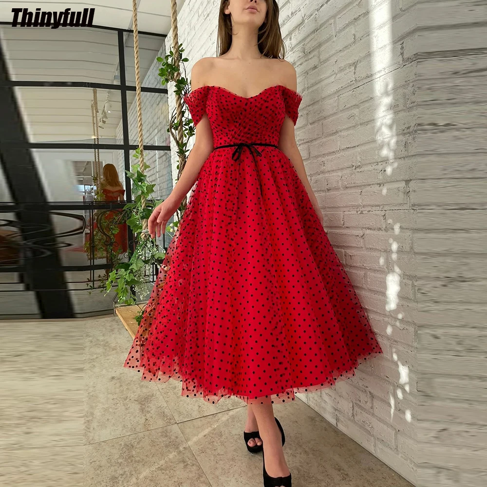 

Thinyfull Off Shoulder Dots Tulle Prom Dresses A-line Sweetheart Tea-Length Girl Evening Gowns Formal Party Dresses