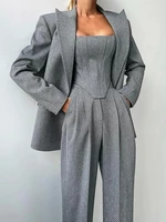 Fishbone Top Blazer Pants Sets 3 Pieces For Women Solid One Button Jacket Crop Tops High Waist Pocket Pant 2025 Lady Office Set 1