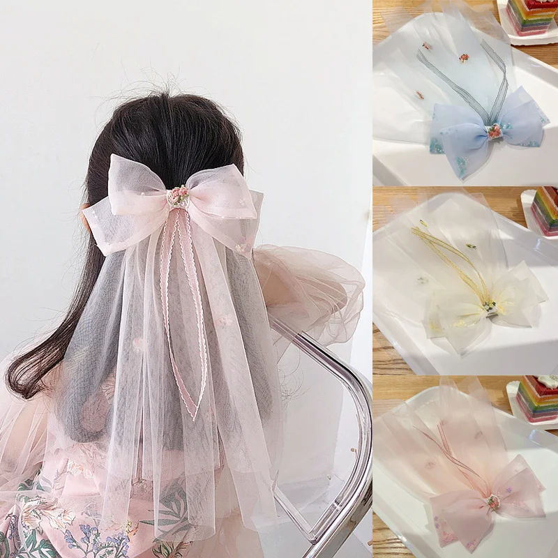 

Korean Sweet Veil Hair Bows for Girls Embroidered Flower Double Mesh Bowknot Hairpin Princess Long Streamer Hair Clips Headdress