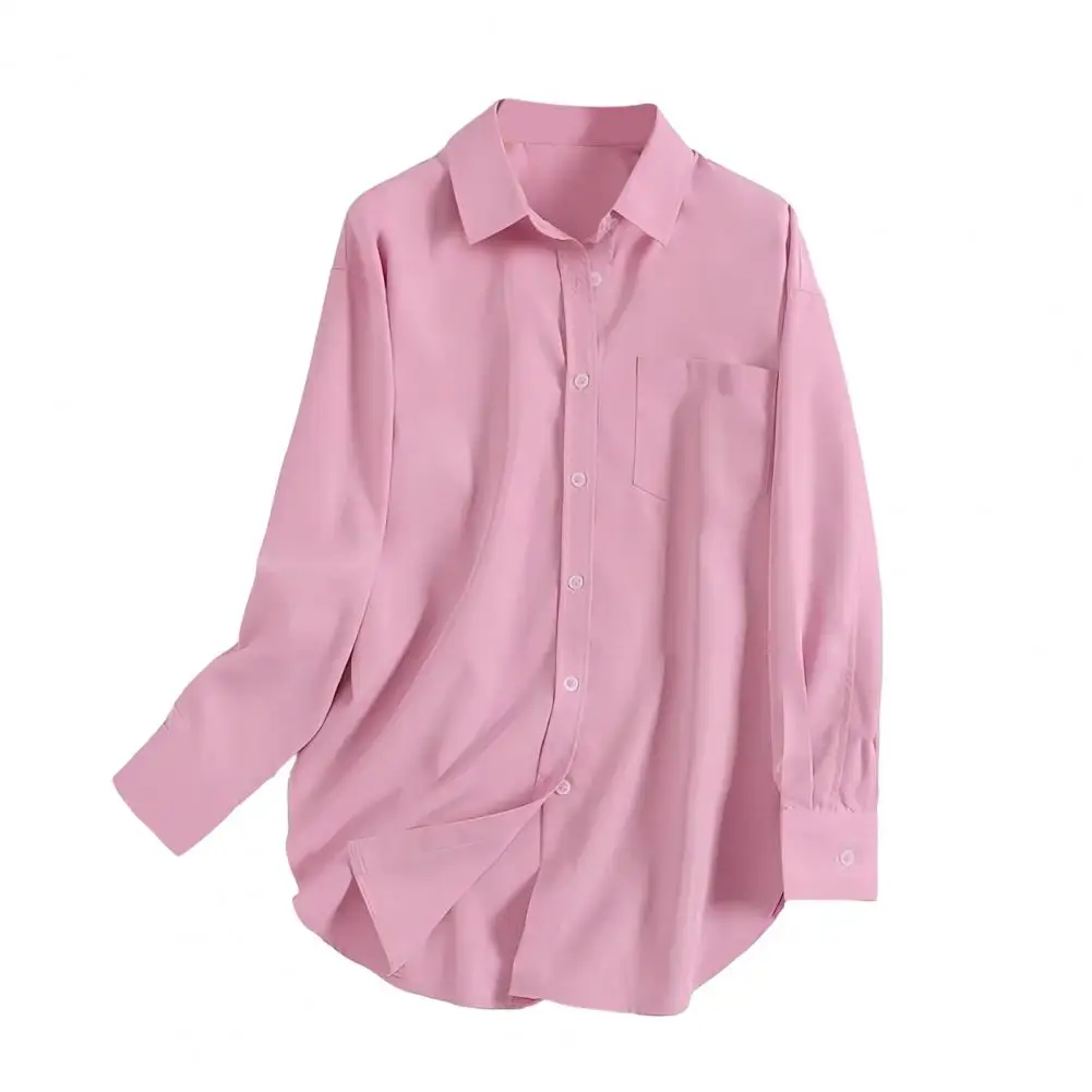 

Solid Color Women Shirt Polyester Long Sleeve Shirt Stylish Women's Spring Shirt with Turn-down Collar Long Sleeve for Work