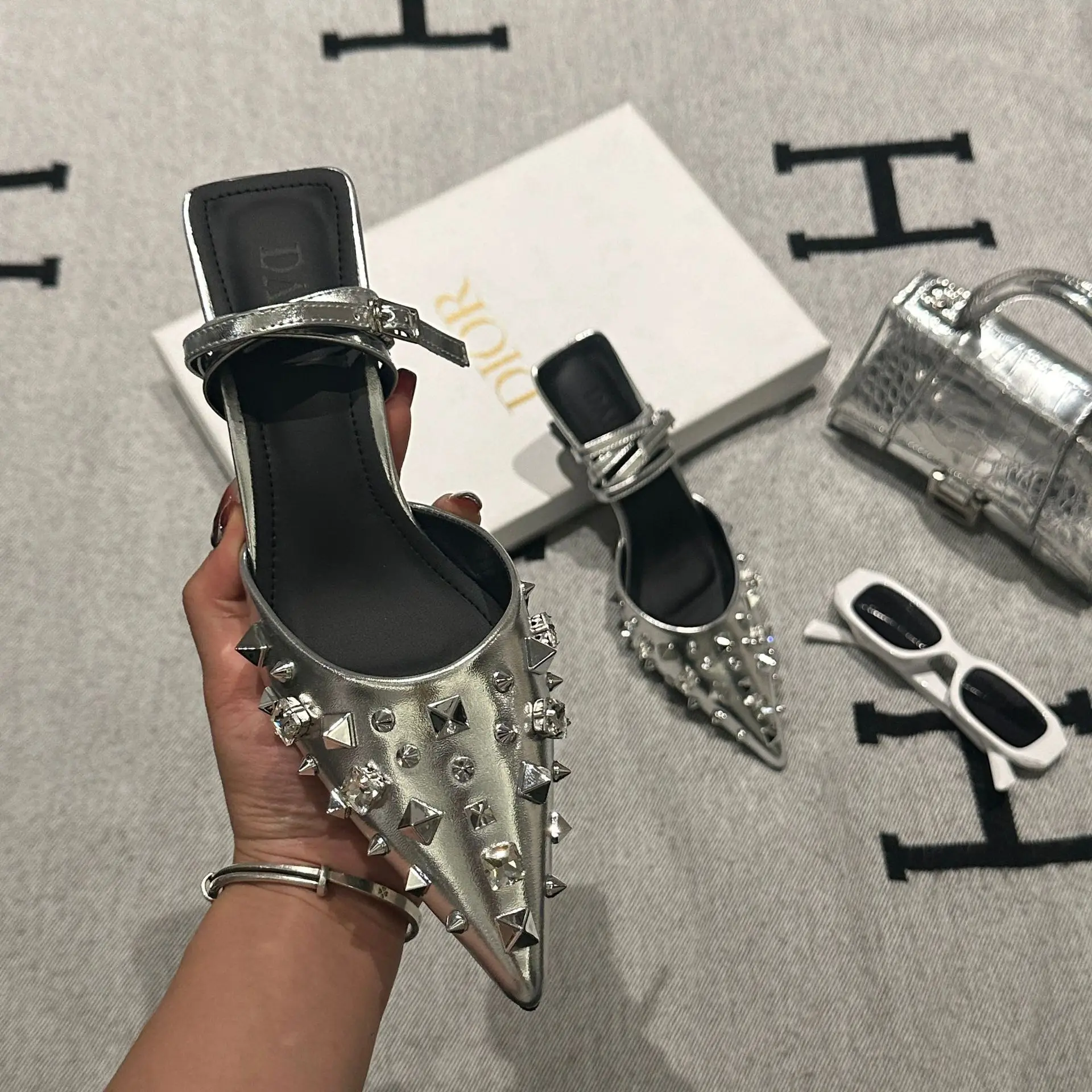 Baotou Sandals, Women's High Heels Spring and Autumn New European and American Pointed Mary Jane Single Silver Women's Shoes