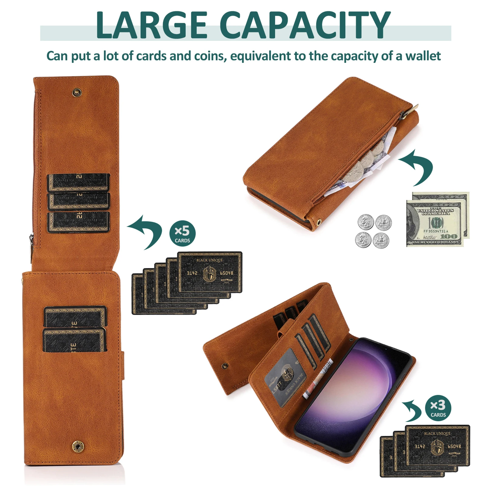 Luxurious Flip Cover Leather Wallet Phone Case with Zip Pocket and Vertical Stand