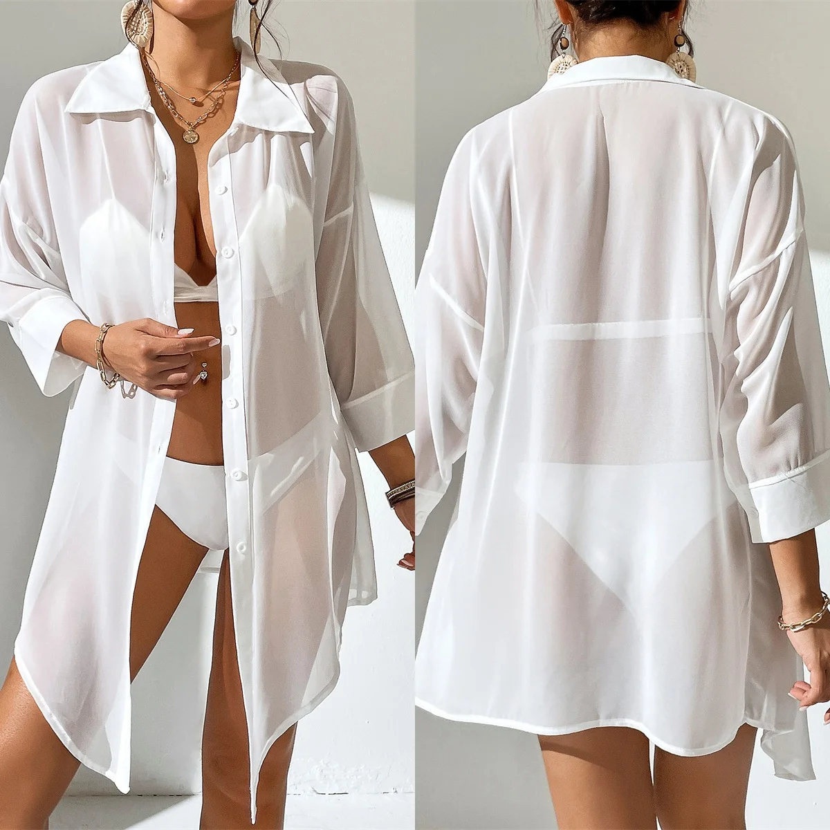 2024 New Summer White Shirt Long Sleeve Top Tunic Beach Cover Up Beach Skirt Beach Wear Beach Wear Women