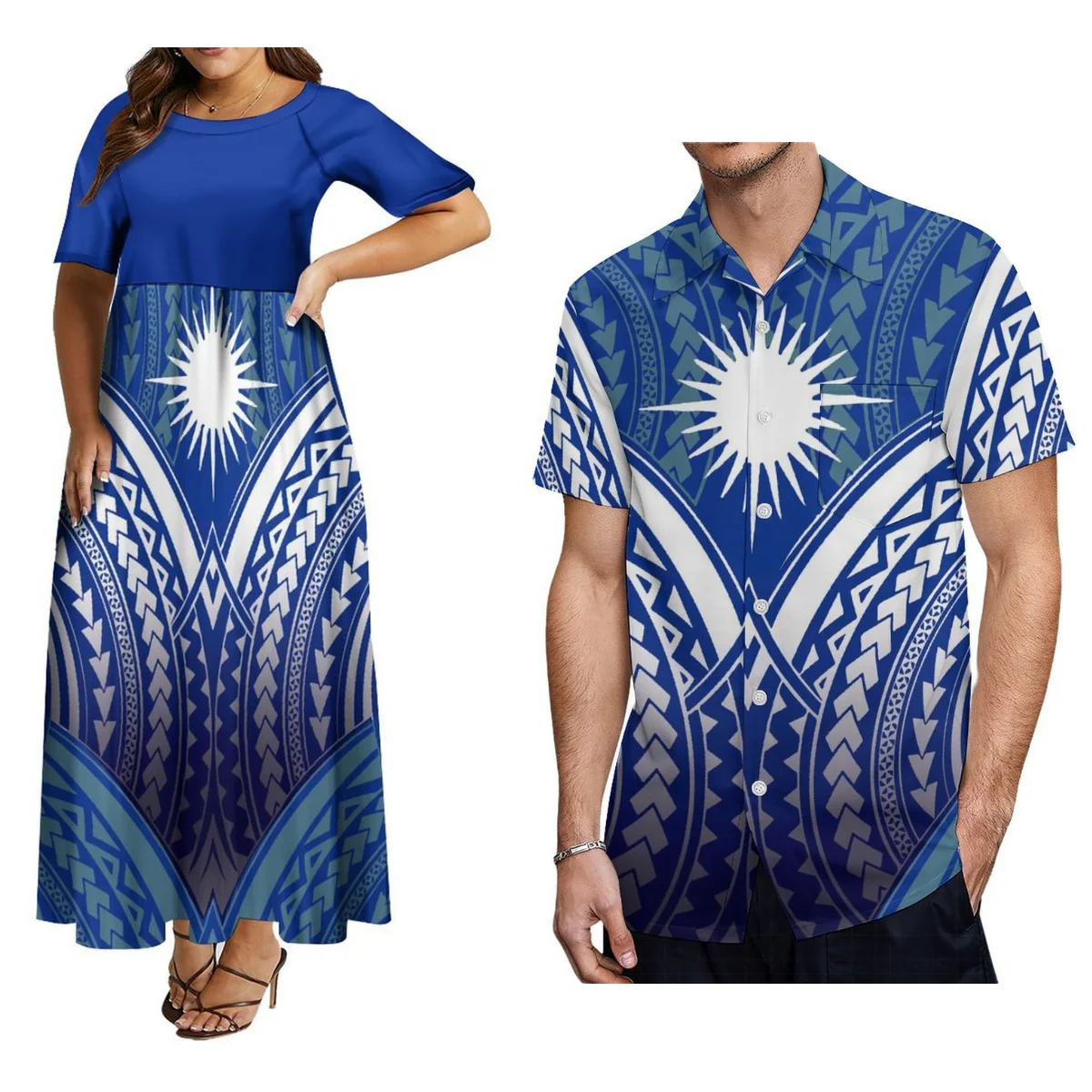 

Couple Set Summer Polynesian Islands Custom Printed Women'S Short Sleeve Dress Midi Party Dress Matching Hawaiian Men'S Shirt