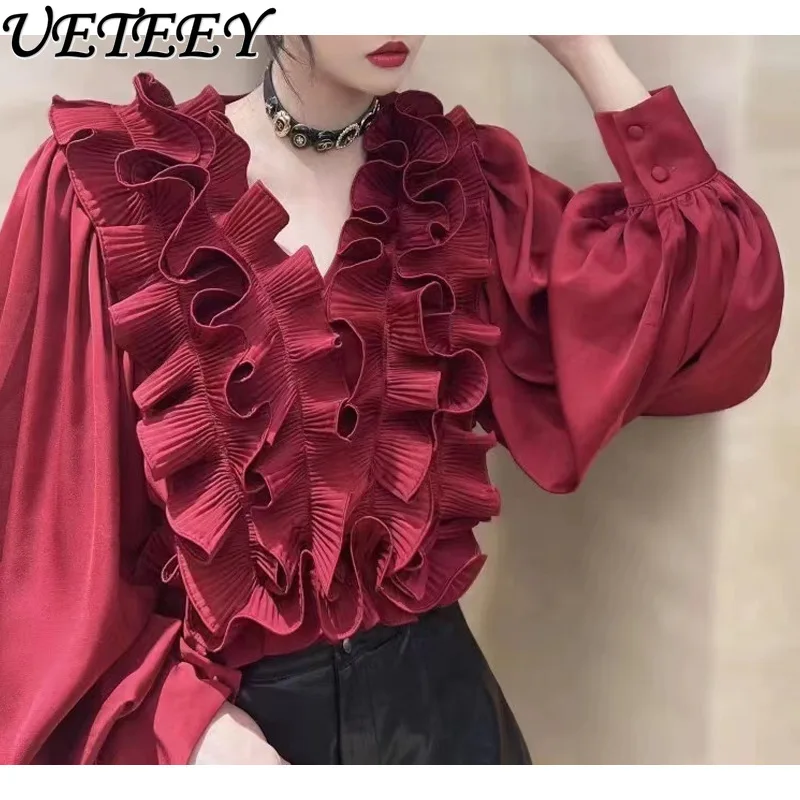 

Elegant Heavy Industry Petal Lantern Long Sleeve Short Shirt Spring Autumn French Style Tops Ruffle V-neck Solid Color Blouse