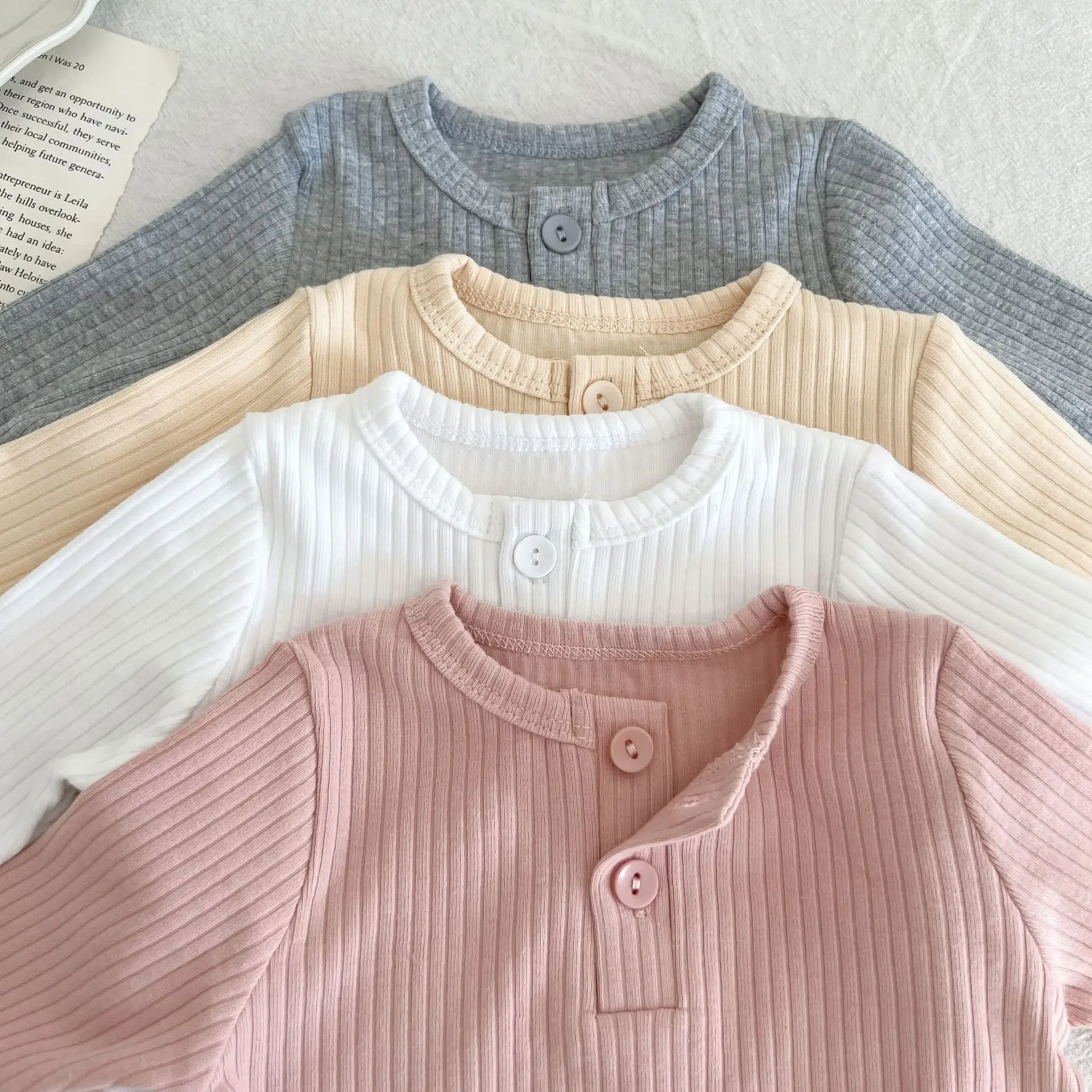 Newborn Baby Boys Girls Cotton T-shirt Clothes Toddler Crewneck Long Sleeve Solid Casual Autumn Tops 3-36Months