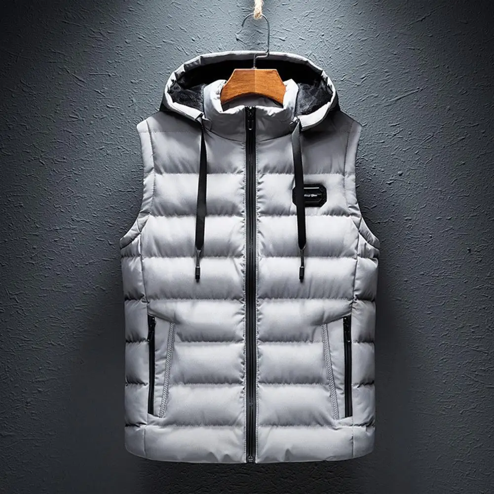 Zipper Pocket Cotton Vest for Men Windproof Men's Winter Cotton Vest with Hood Pockets Zipper Closure Thick Warm Soft Sleeveless