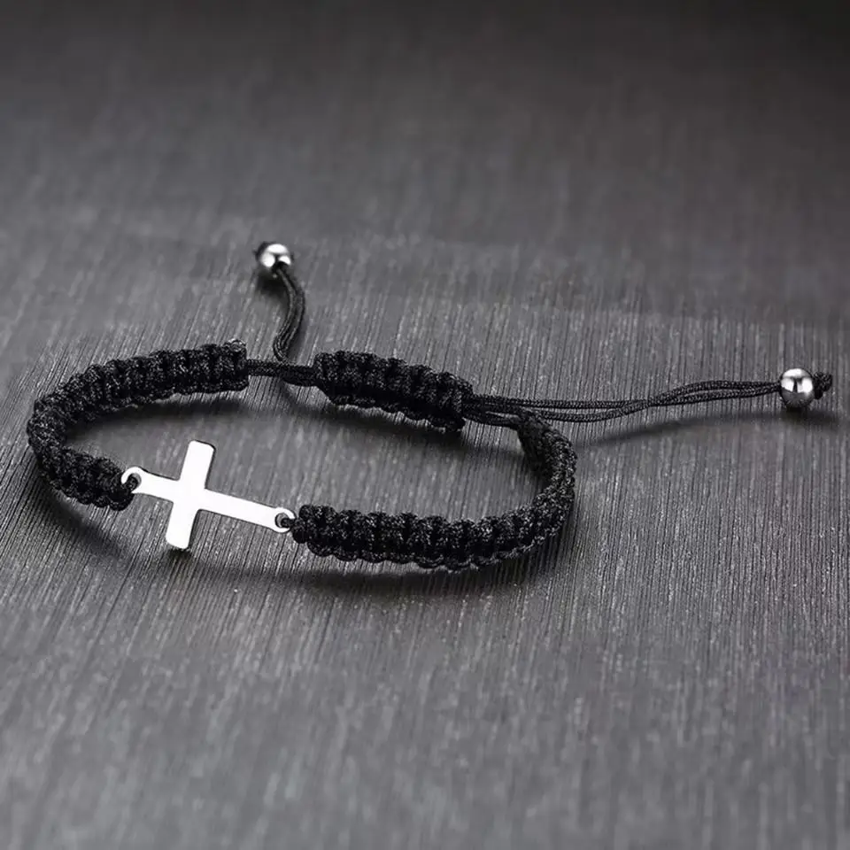 RAKOL Simple Cross Black White Braided Rope Couple Bracelets Silver Color Adjustable Bracelet Christian Jewelry - Image 2