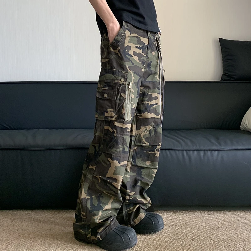 FEWQ High Street Loose Straight Tube Large Pocket Workwear Pants High Waist Camouflage Trendy 2024 Contrast Male Trousers 3