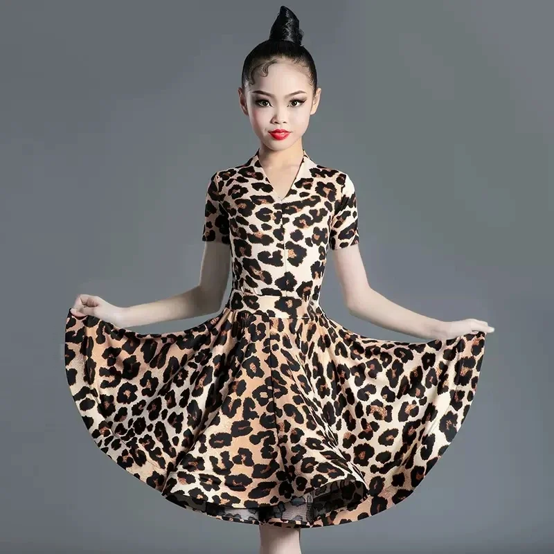 Children Latin Dance Costume For Professional Competition Girls Large Swing Dress Children Latin Training Performance
