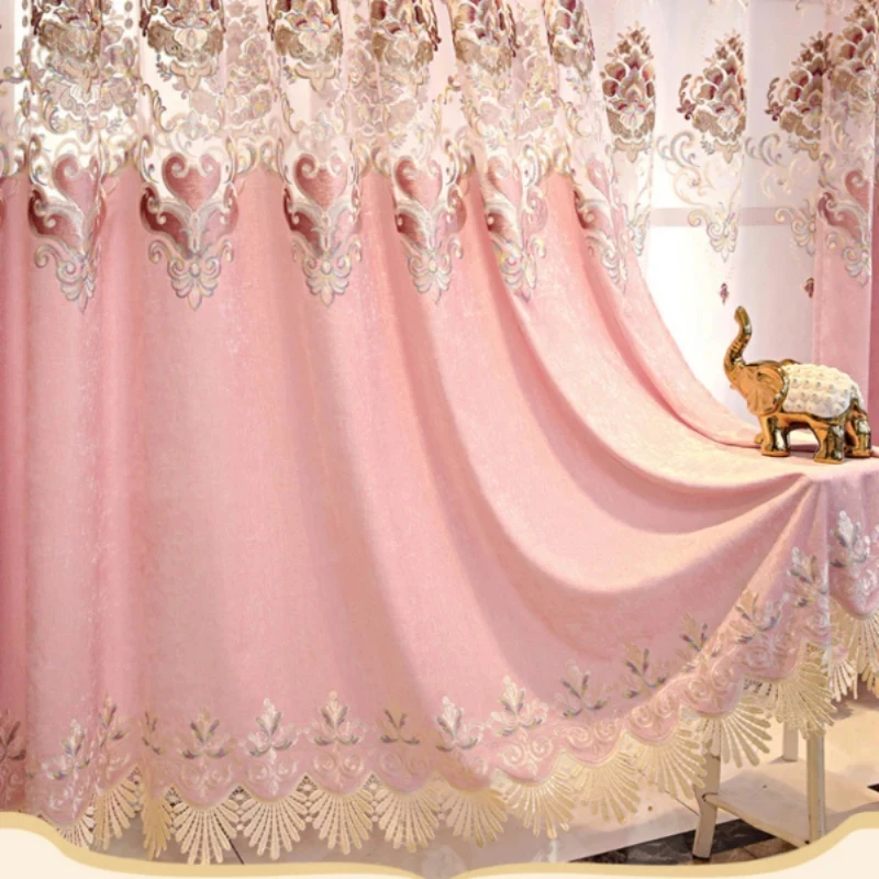 European Pink Embroidered Chenille Curtains for Living Dining room Bedroom Simple Luxury Blackout Window Screen Valance Custom