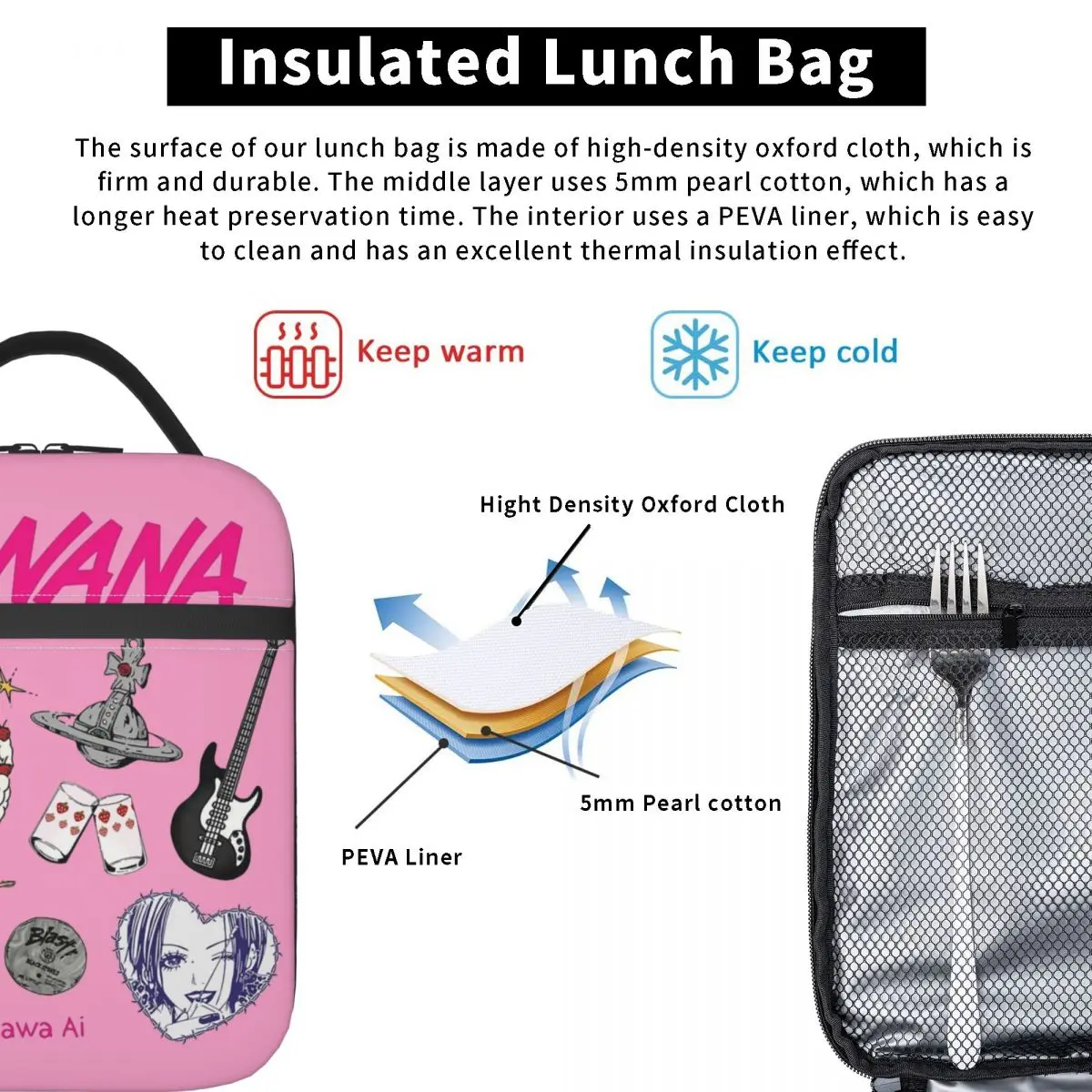 Nana Osaki Anime Insulated Lunch Bags Cooler Meal Container High Capacity Lunch Box Tote Food Handbags Work Picnic