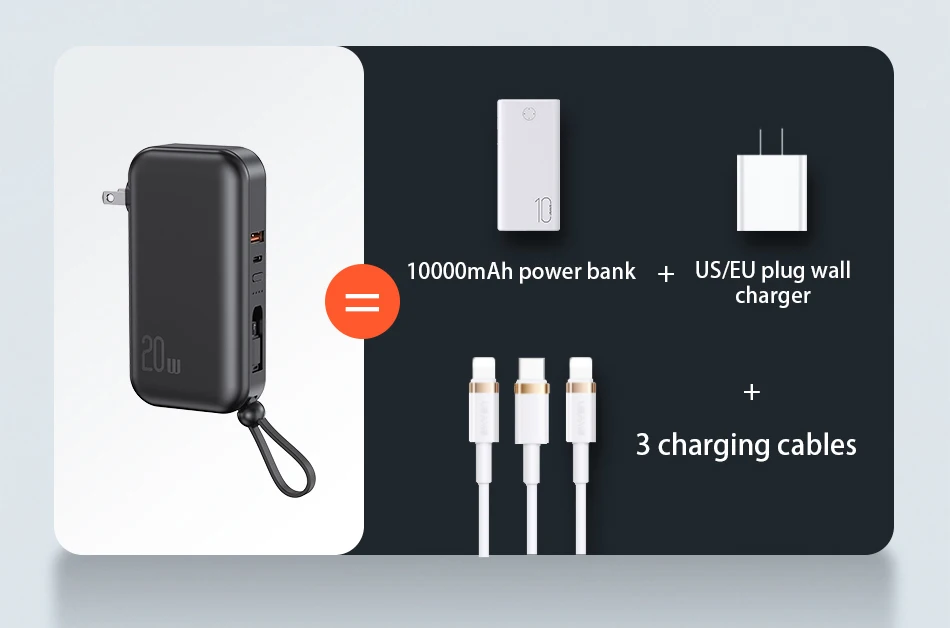 USAMS PD 20W 3 In 1 Power Bank 10000mAh Wall Charger External Battery With Cable US EU Plugs For iPhone Huawei Xiaomi Samsung power bank portable charger