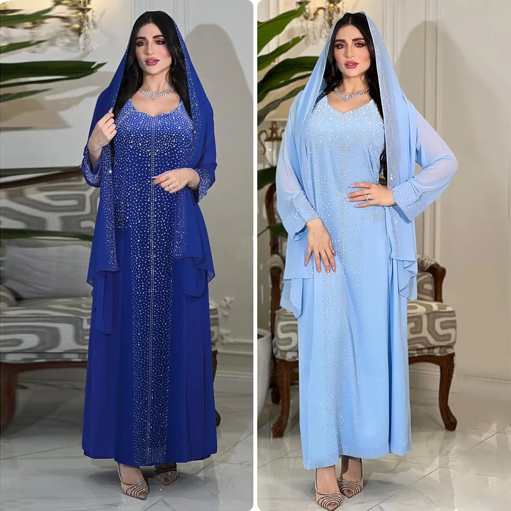 Abaya Dress Muslim Elegant Long Sleeve V-neck Blue Pink Diamonds Party Evening Long Dress Maxi Dress Muslim Fashion Abaya