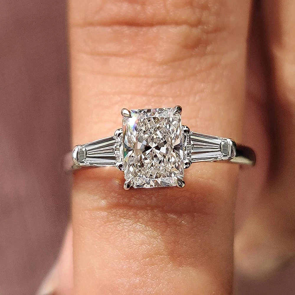 1/2/3/4Carat Radiant Cut Full Moissanite Engagement Ring with Tapered Baguette Shape Diamond S925 Silver Wedding Rings for Women 5