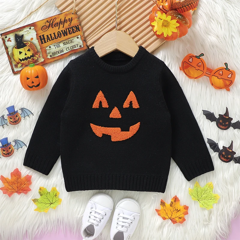 VISgogo Toddler Boys Girls Halloween Sweaters Witch Pumpkin Long Sleeve Round Neck Ribbed Knitted Pullover Fall Winter Clothes