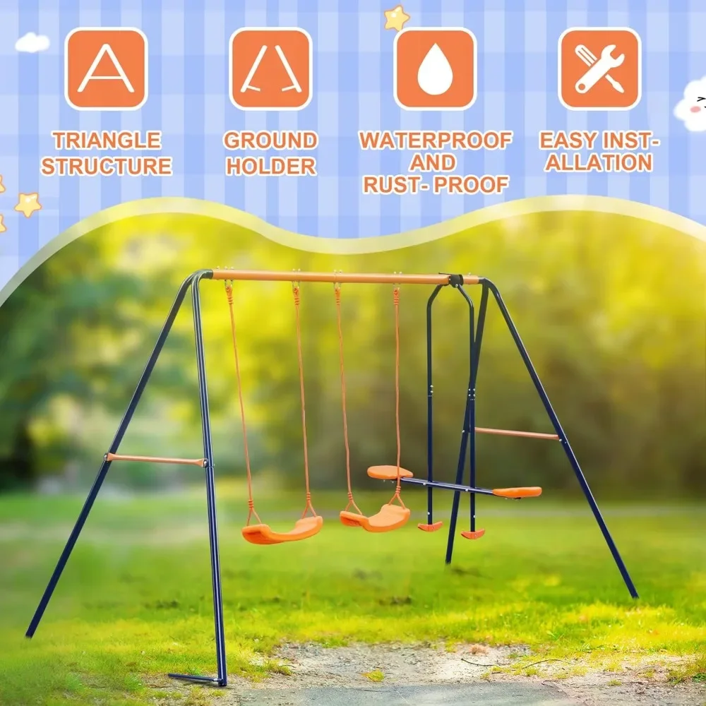 Outdoor Swing Sets for Backyard, 440lbs Load Capacity Swing Stand  , Heavy Duty A-Frame Metal Outdoor Swing Set for Kids 4