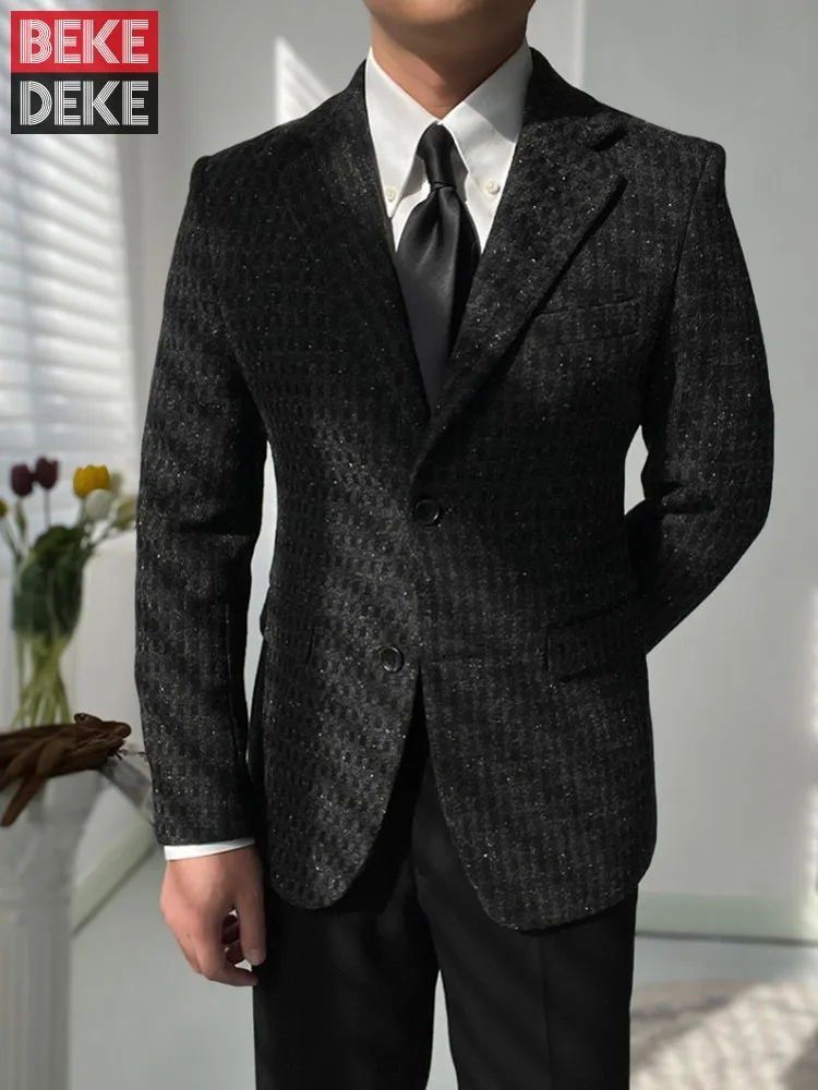 

Elegant Gentleman Woolen Blazer Jacket Men Business Work Single Breasted Slim Fit Suit Coat Autumn Winter Thick Blazers Outwear