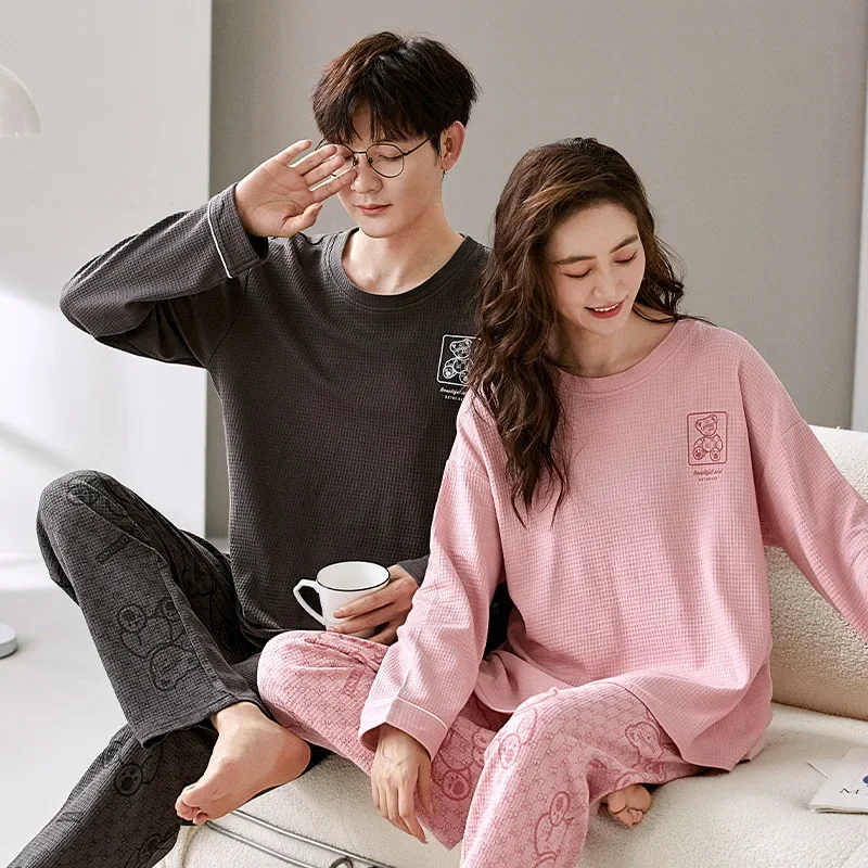 Couple Pajamas Women's and Men's Long Sleeve Waffle Set  Casual Home Clothes in Spring Autumn and Winter