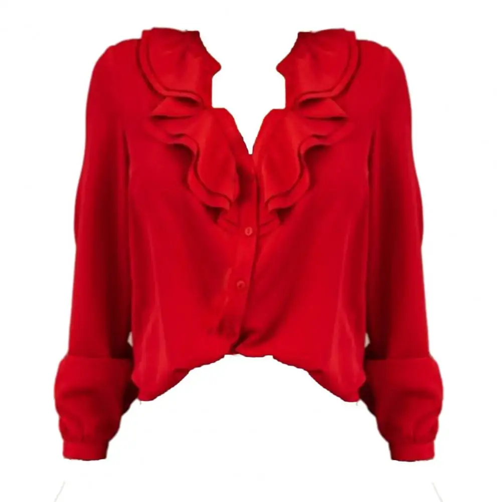 

V-neck Shirt Elegant Deep V Neck Ruffle Blouse Soft Breathable Long Sleeve Shirt Women's Ol Commute Style Top V-neck Long-sleeve