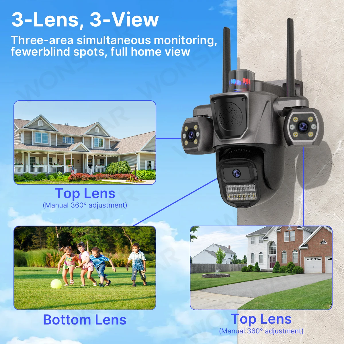 WONSDAR WiFi IP Camera Outdoor Three Lens Triple Screen Home Security CCTV Surveillance Cameras AI Human Detection Audio iCSee 3