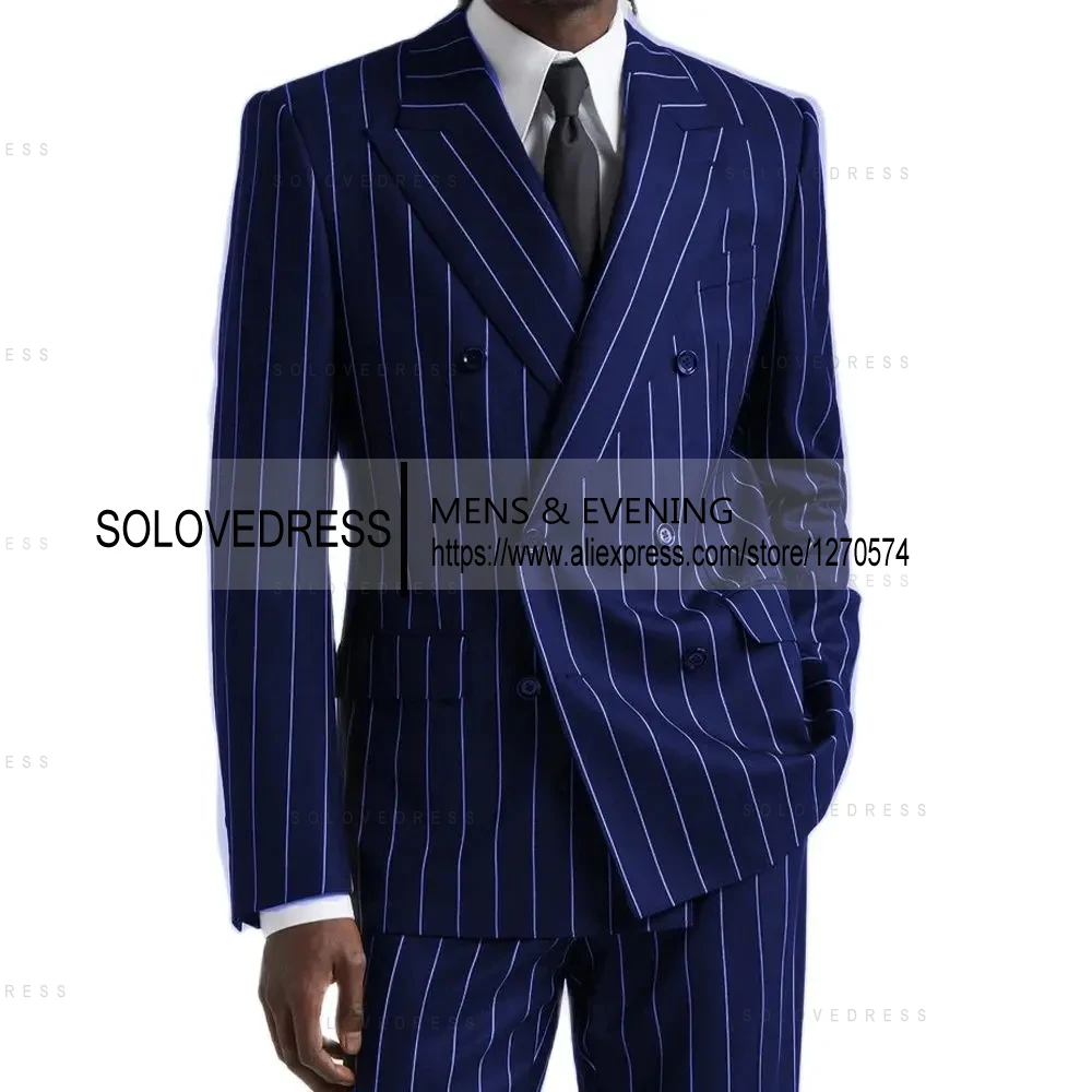 Peak Lapel 2-piece Vertical Striped Double Breasted Slim Fit Men's Suits For Business Or Wedding （Blazer+Pants）