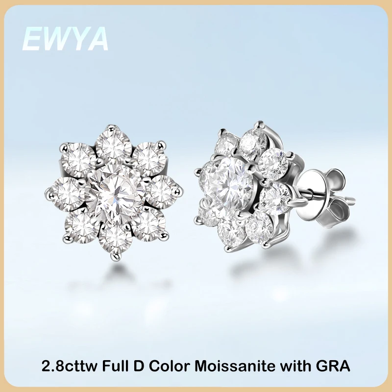 

EWYA Sunflower Full D Color Moissanite Diamond Stud Earrings with GRA for Women Party Fine Jewelry S925 Sterling Silver Earring