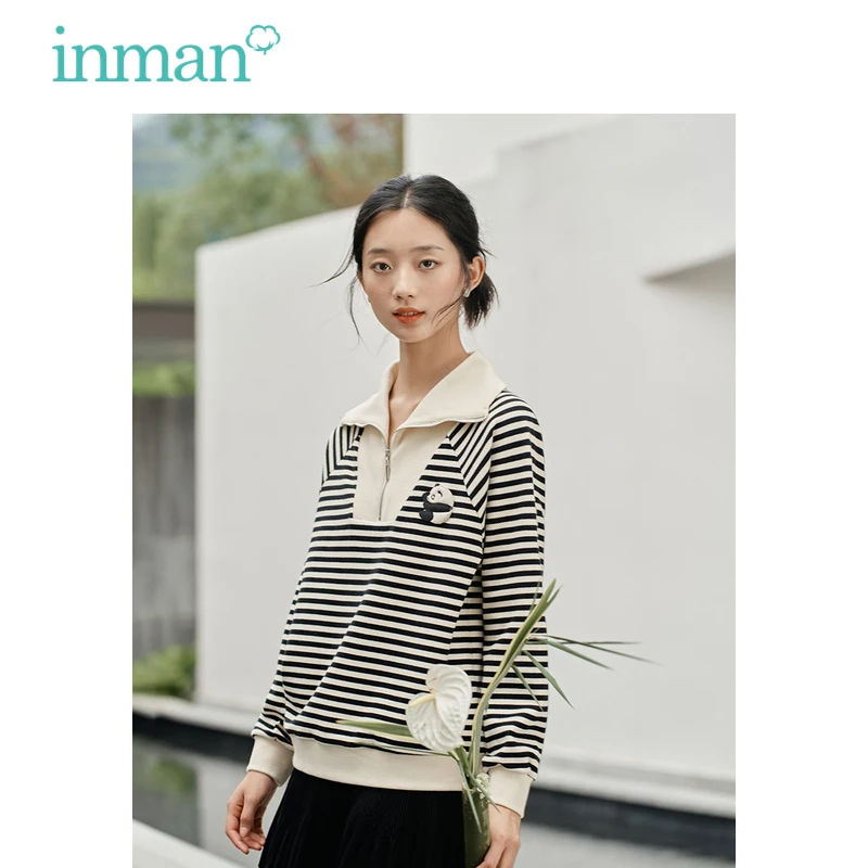 INMAN Women Sweatshirt 2023 Autumn Long Sleeve Lapel with Zipper Loose Hoodies Black Apricot Strips Panda Print Casual Pullover