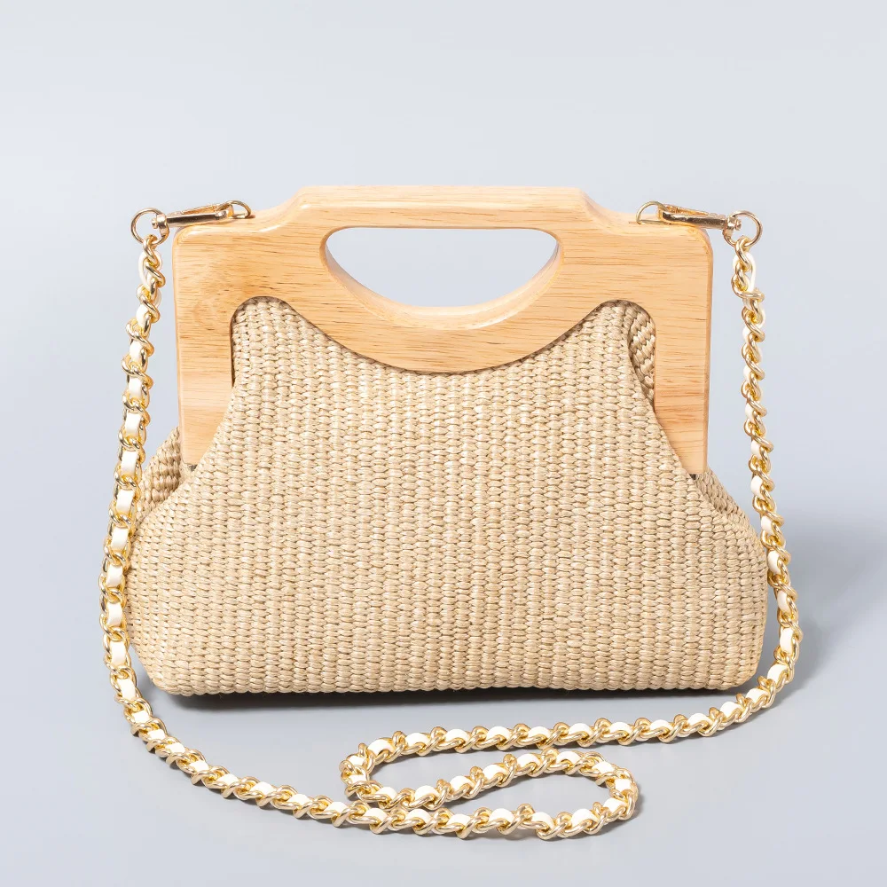 Fashion Wooden Handle Women Handbags Clip Shell Straw Shoulder Bags Chains Crossbody Bag Handmade Summer Beach Clutch Purse 2024