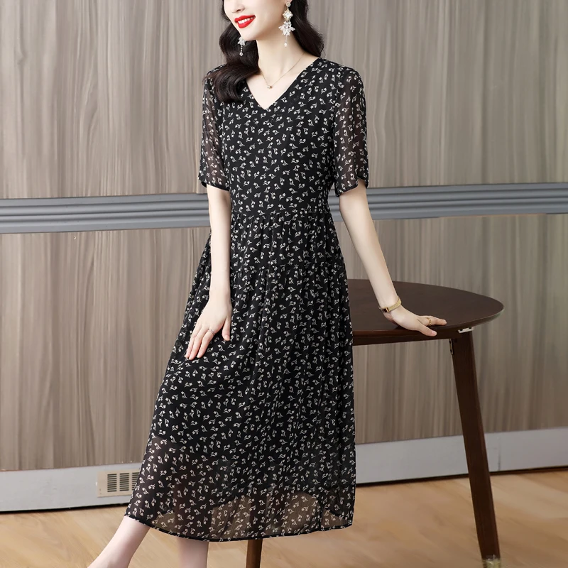 

2023 New Fashion Silk Printed Dress Women's Summer Elegant V-neck 5/4 Sleeve Loose Fit Casual Holiday Dress Vestidos