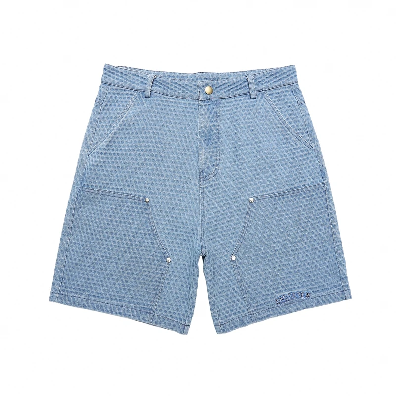

New Summer Diamond Washed Denim Zippered Shirt Set Mens Wide Leg Pockets Baggy Summer Jeans Shorts Straight Casual Short