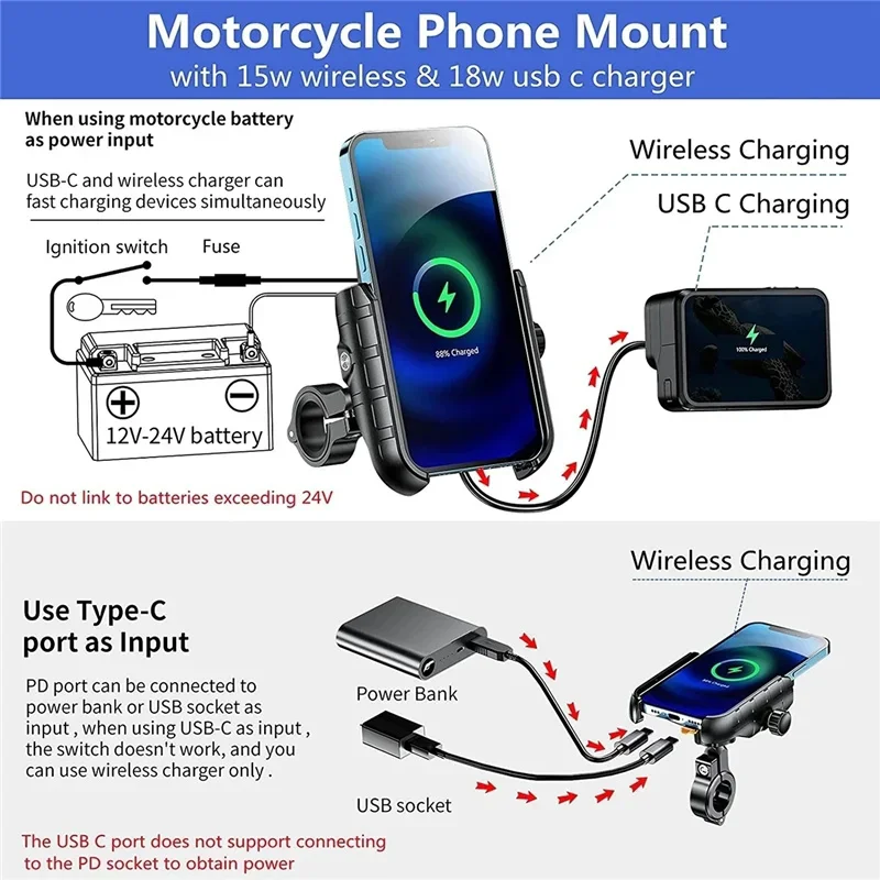 Wireless Charger Motorcycle Phone Holder  Moto Motorbike Mirror Mobile Stand Support USB Fast Charging Cellphone Handlebar Mount