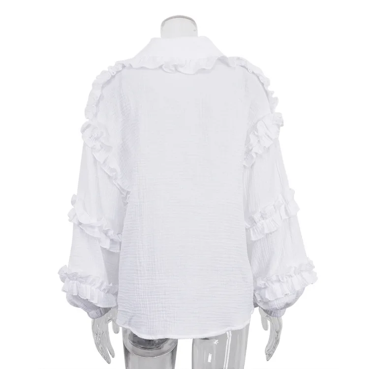 White Ruffled Casual Shirts For Women Fashion Patchwork Cardigan Lapel Long Sleeve Outwear Slim Ladies Shirts 2025 New