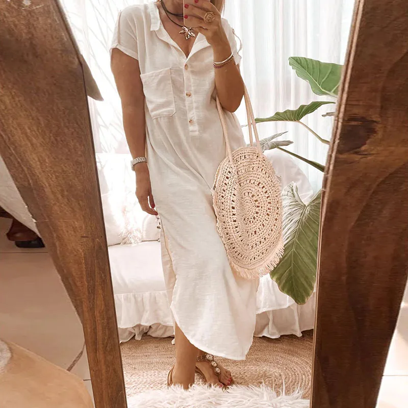 

Женское асимметричное платье-рубашка, однотонное длинное платье-трапеция из хлопка и льна с пуговицами, отложным воротником и разрезом, весна-лето