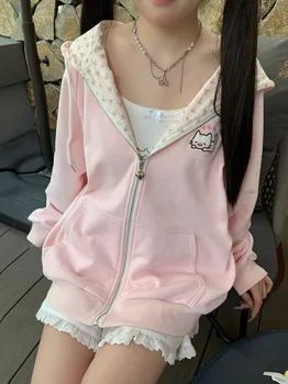 Y2k Hoodies Green Kawaii Cat Floral Print Hooded Zip-up Woman Sweatshirts Pink Thin Jacket Spring Fall Clothes Cute Streetwear 1