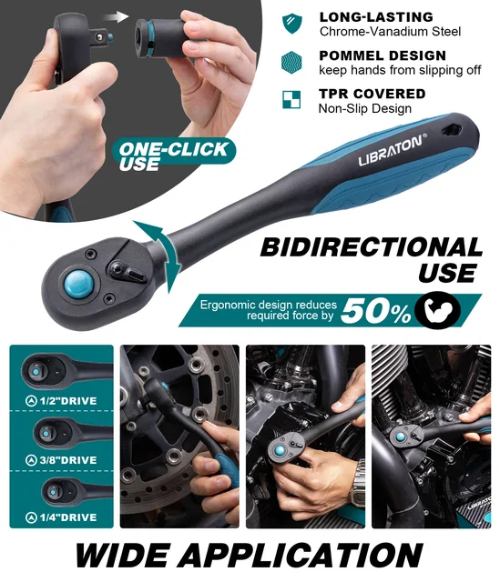 Set 3 Cricchetti Reversibili Libraton | 1/4, 3/8, 1/2 Pollice, 72 Denti Con Organizer In EVA - Foto 5