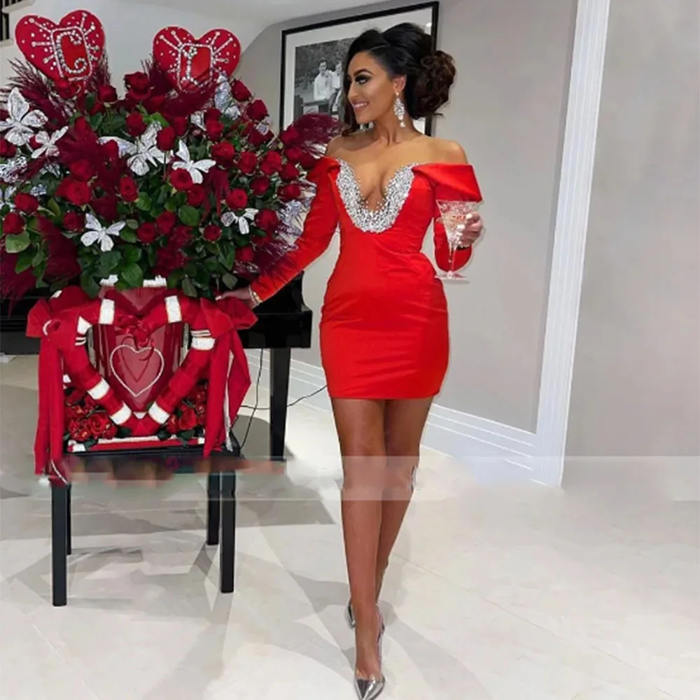 Christmas Cocktail Dress Beads Sheer Neckline Mini Birthday Party Gown Off Shoulder Long Sleeves Homecoming Gown