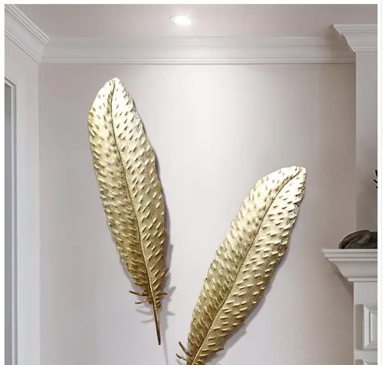 

European Wrought Iron Gold Feather Wall Hanging 3d Accessories Home Livingroom Wall Sticker Crafts Hotel Wall Mural Decoration