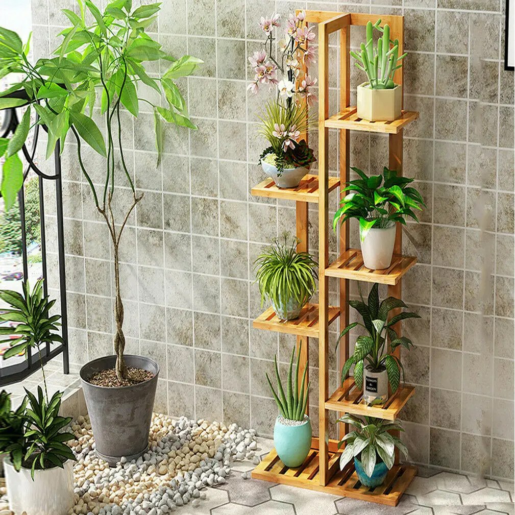 6/7 Pot Vertically Bamboo Flower Shelf Rack Plant Stand Pots Display Corner Shelving Home Indoor Outdoor — view 2