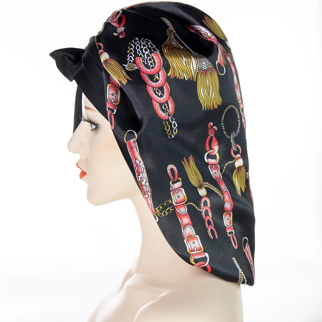 Fshion Floral Print Large Satin Bonnet Hat for Women Long Silk Head Cover Wide Night Sleeping Hat 5